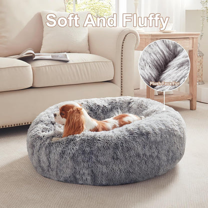 36 inches Faux Fur Fluffy Donut Dog Bed for Large Dogs,Dark Grey