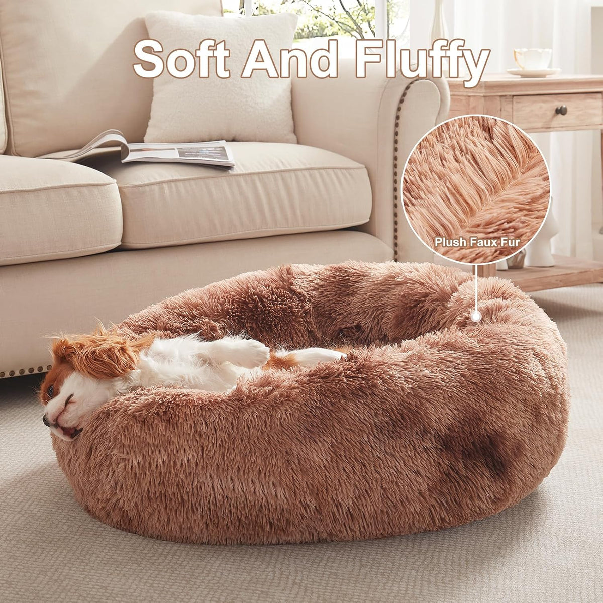 36 inches Faux Fur Fluffy Donut Dog Bed for Large Dogs,Dark Grey