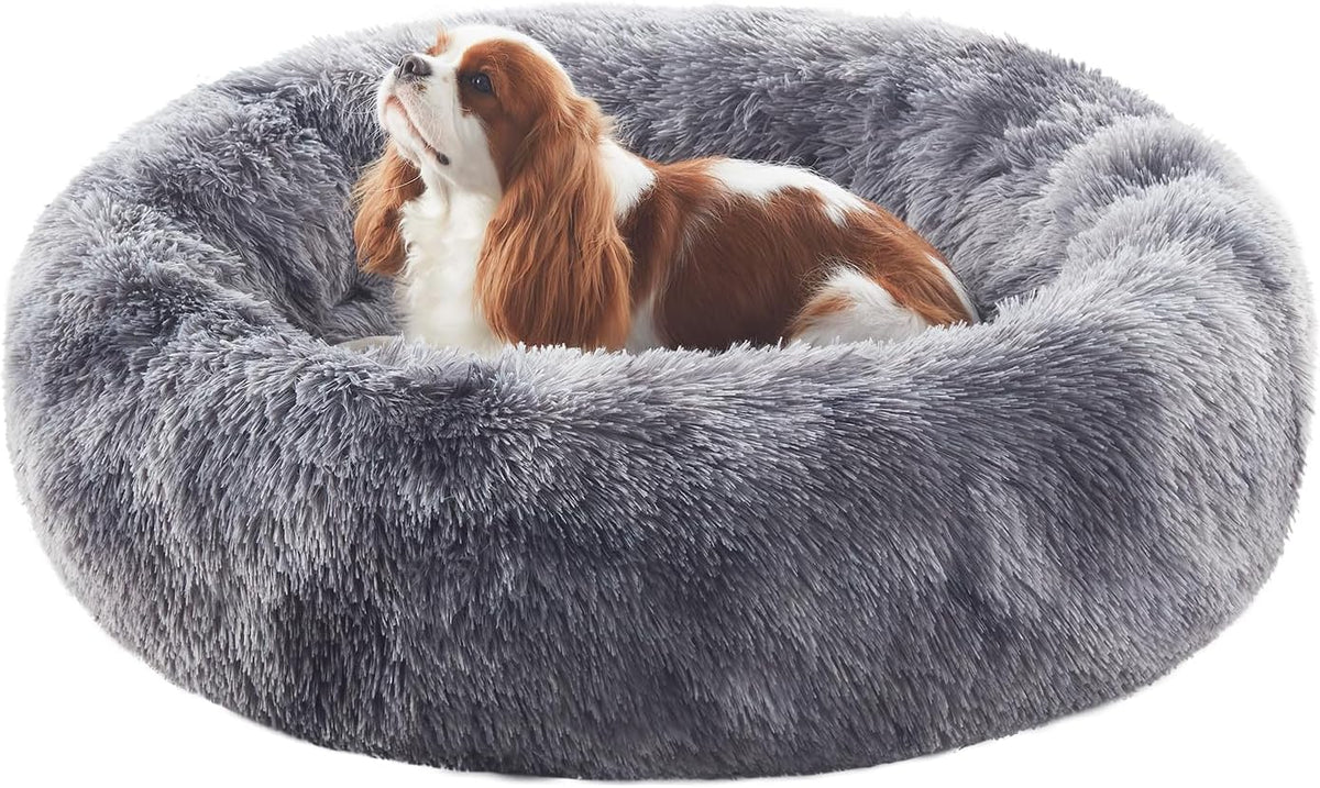 36 inches Faux Fur Fluffy Donut Dog Bed for Large Dogs,Dark Grey