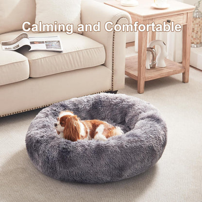 36 inches Faux Fur Fluffy Donut Dog Bed for Large Dogs,Dark Grey