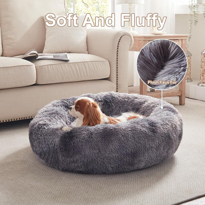 36 inches Faux Fur Fluffy Donut Dog Bed for Large Dogs,Dark Grey