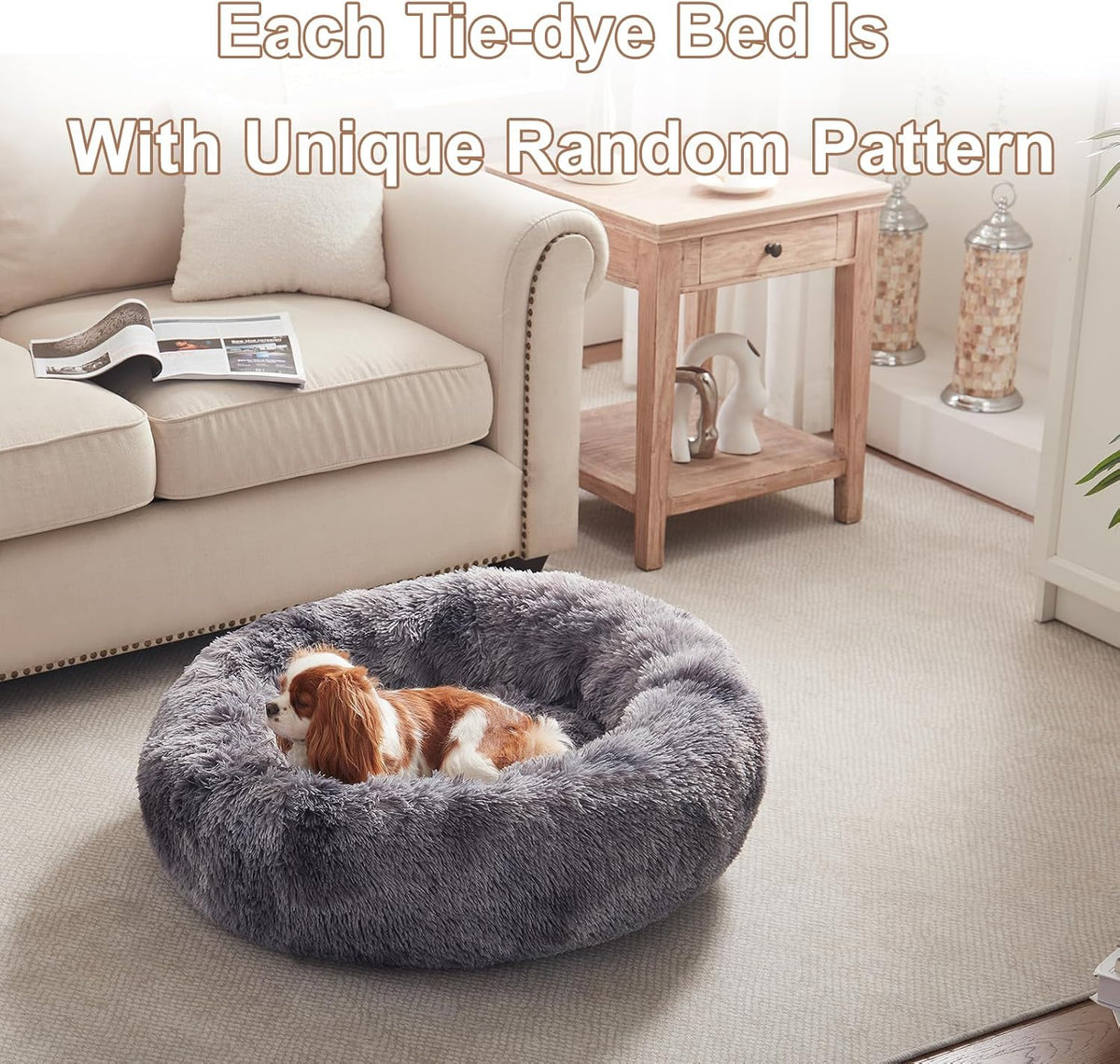 36 inches Faux Fur Fluffy Donut Dog Bed for Large Dogs,Dark Grey