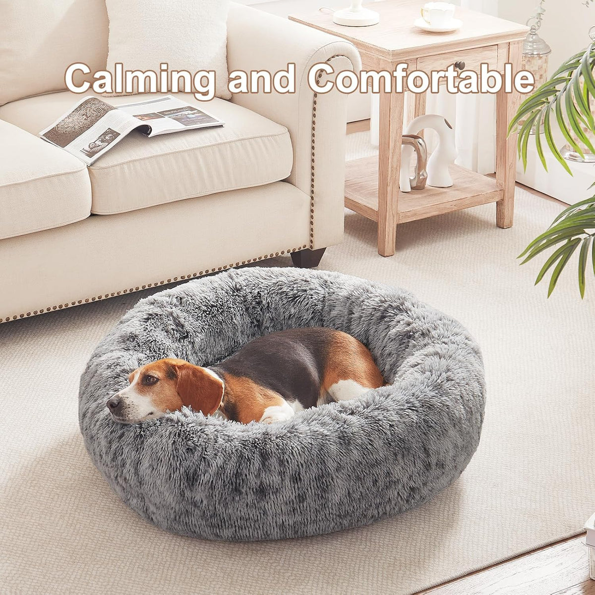 36 inches Faux Fur Fluffy Donut Dog Bed for Large Dogs,Dark Grey