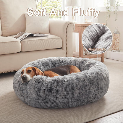 36 inches Faux Fur Fluffy Donut Dog Bed for Large Dogs,Dark Grey