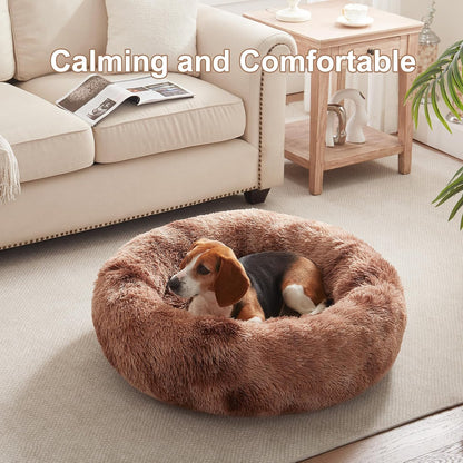 36 inches Faux Fur Fluffy Donut Dog Bed for Large Dogs,Dark Grey