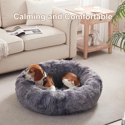 36 inches Faux Fur Fluffy Donut Dog Bed for Large Dogs,Dark Grey