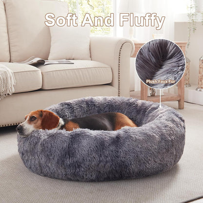 36 inches Faux Fur Fluffy Donut Dog Bed for Large Dogs,Dark Grey