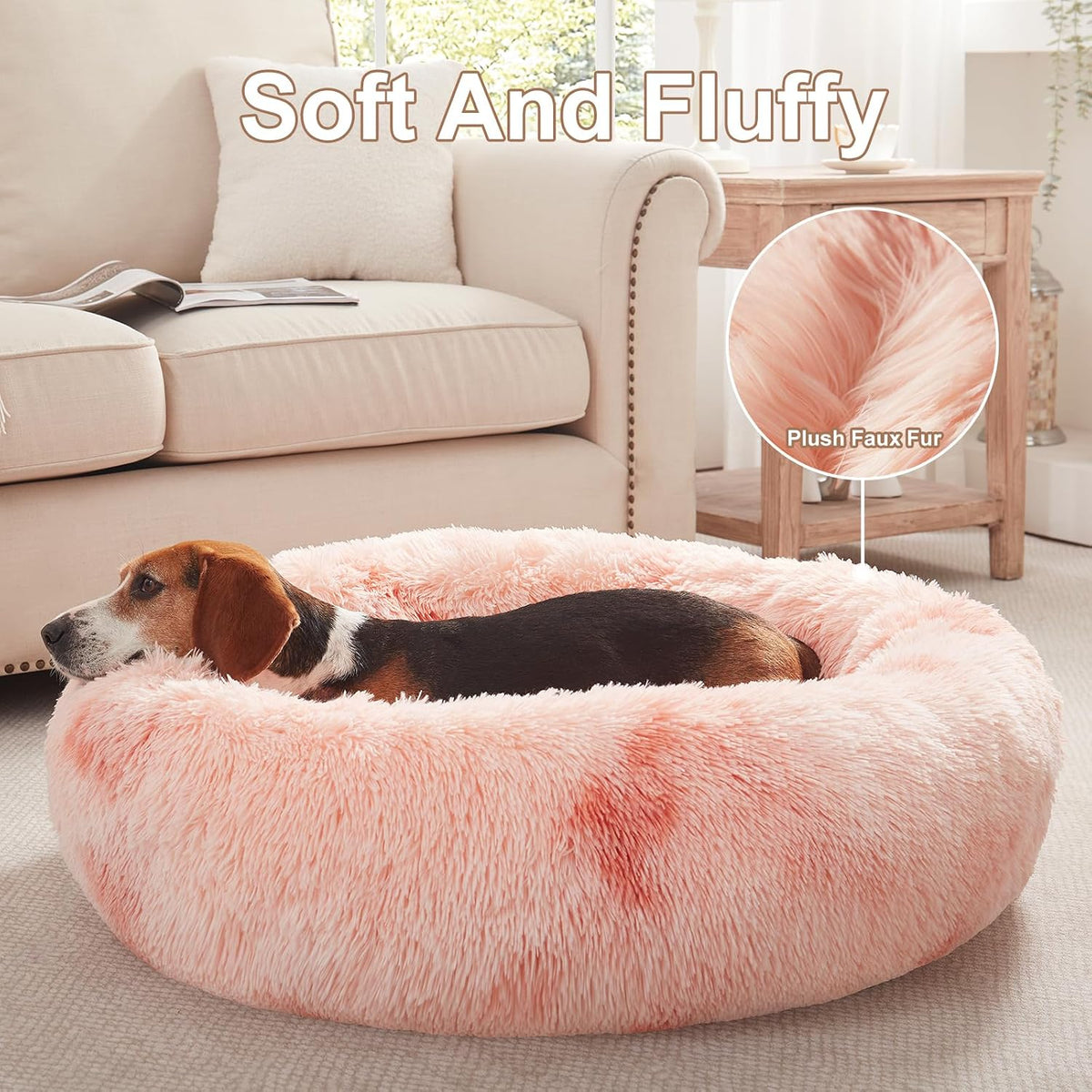 36 inches Faux Fur Fluffy Donut Dog Bed for Large Dogs,Dark Grey