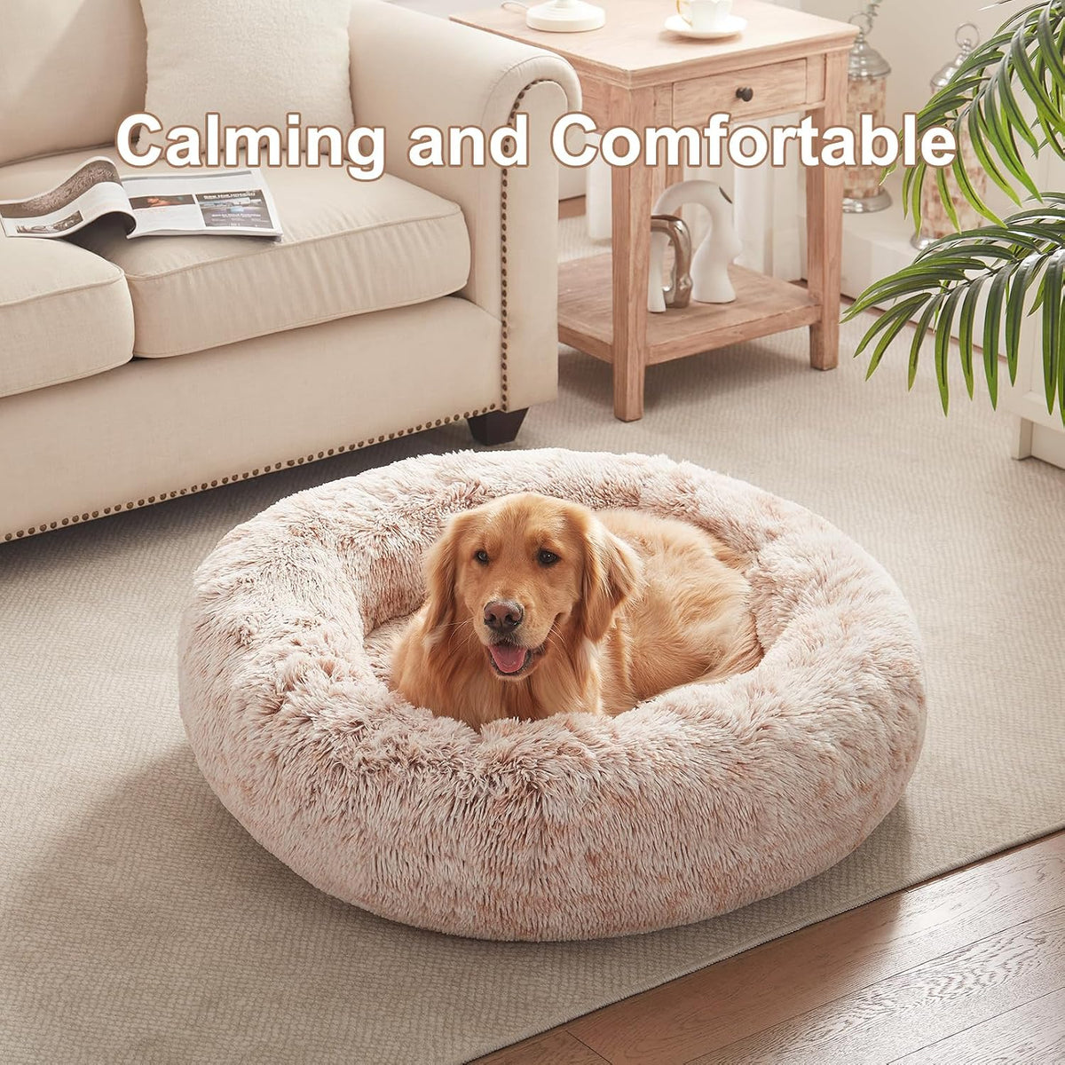 36 inches Faux Fur Fluffy Donut Dog Bed for Large Dogs,Dark Grey