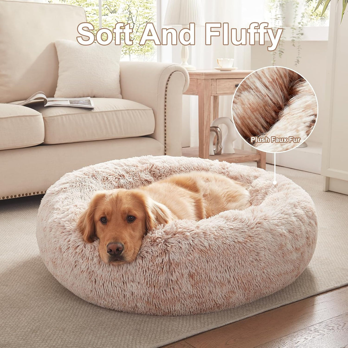 36 inches Faux Fur Fluffy Donut Dog Bed for Large Dogs,Dark Grey