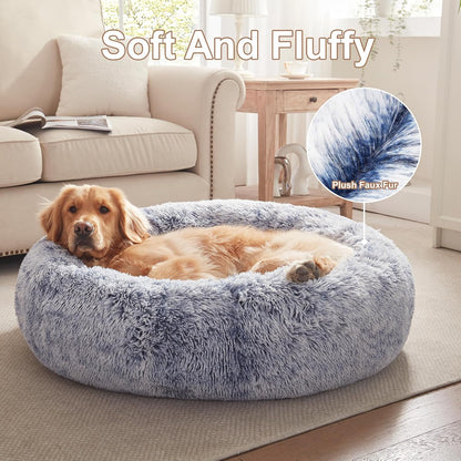 36 inches Faux Fur Fluffy Donut Dog Bed for Large Dogs,Dark Grey