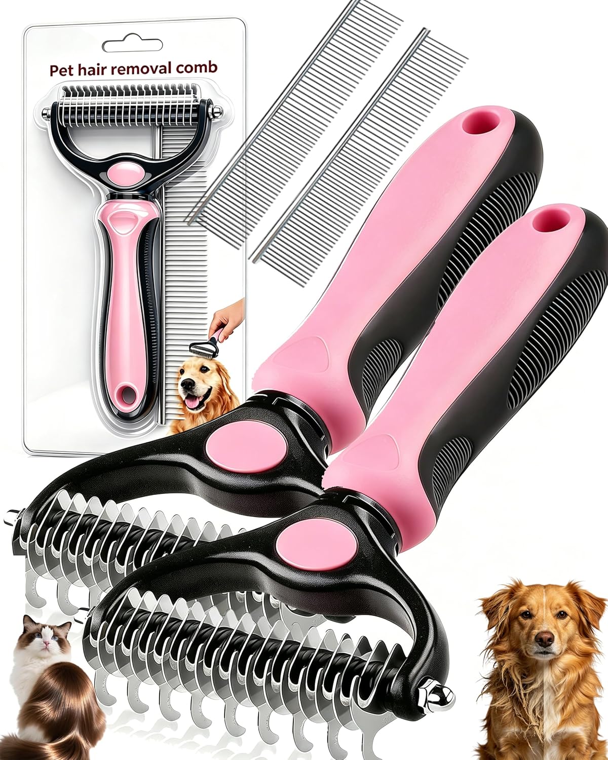 Dual-Sided Pet Grooming Comb for Dogs & Cats – 2-in-1 Dematting Brush & Undercoat Rake for Long, Thick, Curly & Double-Coated Pets (2pcs-Pink)
