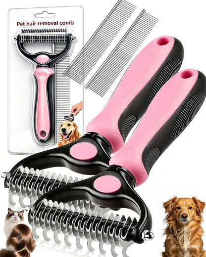 Dual-Sided Pet Grooming Comb for Dogs & Cats – 2-in-1 Dematting Brush & Undercoat Rake for Long, Thick, Curly & Double-Coated Pets (2pcs-Pink)