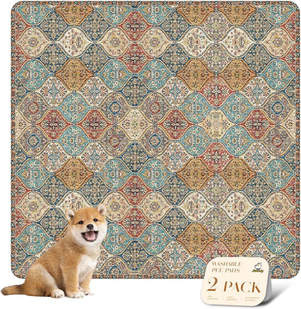 nunubaby Washable Pee Pads for Dogs, Stylish, Non-Slip and Leak-Proof Pee Pads. Reusable Potty Pads for Dogs for Crates and Floors.(Beige/Multi, 24" x48" )