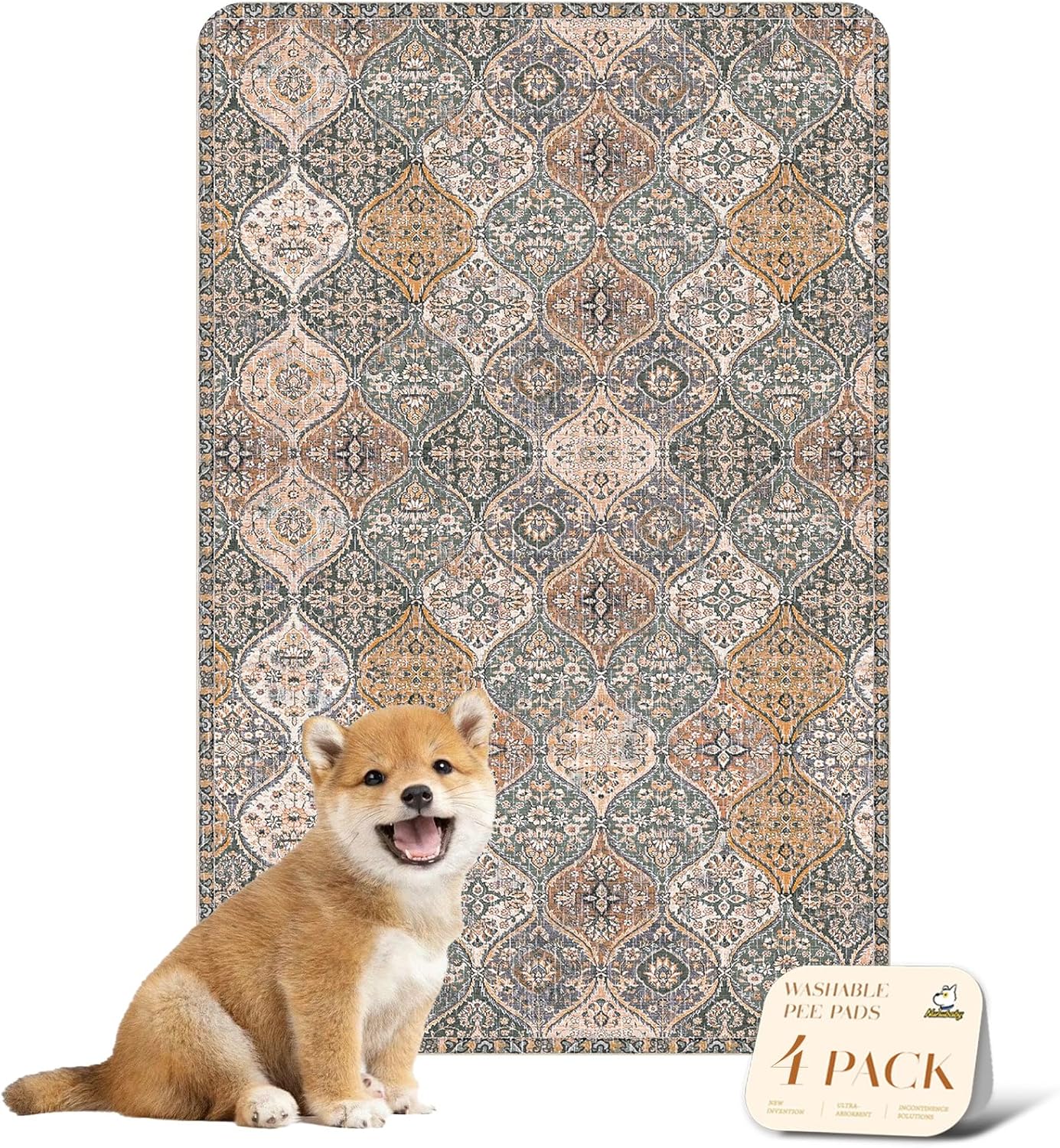nunubaby Washable Pee Pads for Dogs, Stylish, Non-Slip and Leak-Proof Pee Pads. Reusable Potty Pads for Dogs for Crates and Floors.(Beige/Multi, 24" x48" )