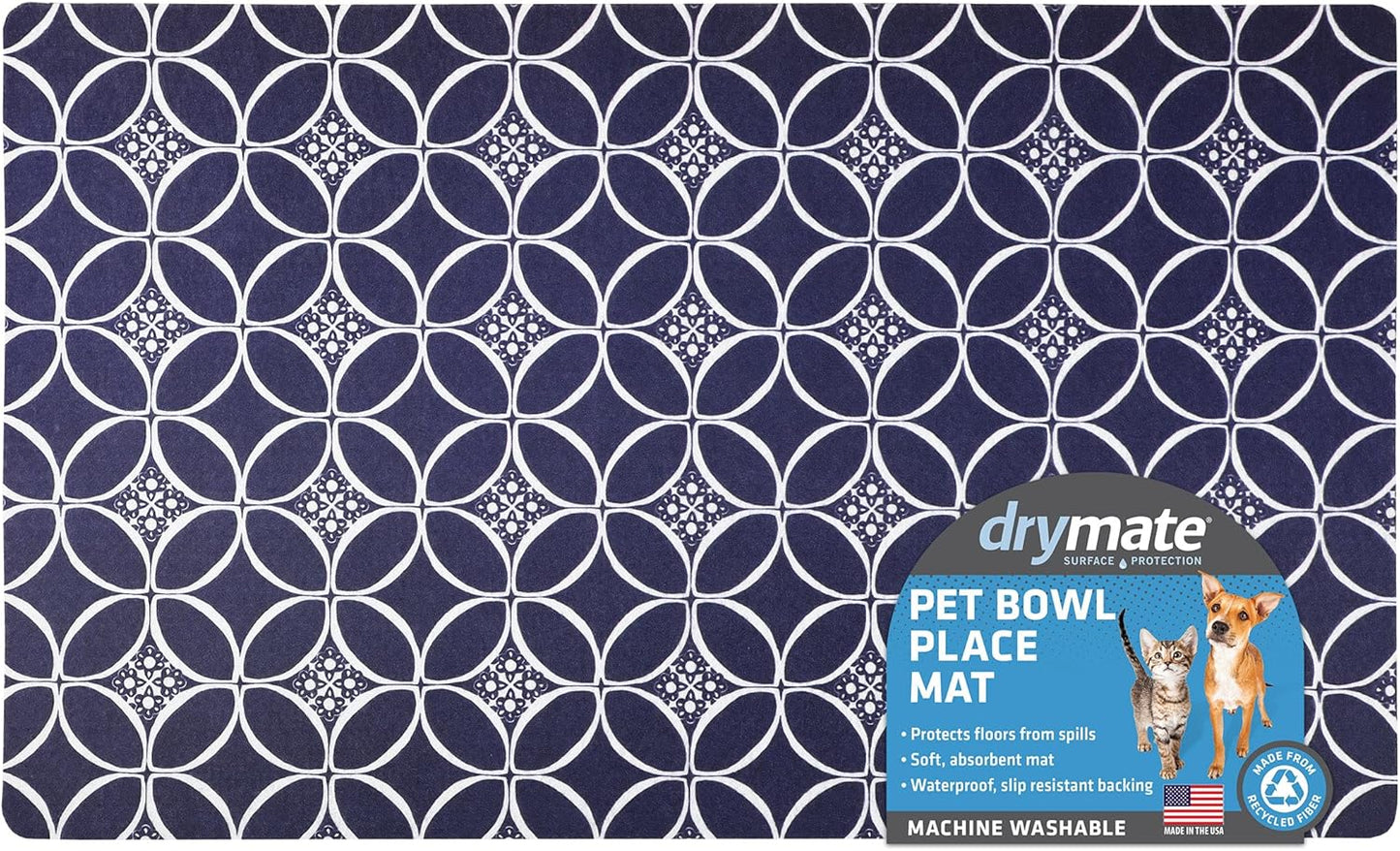Drymate Pet Bowl Placemat, Dog & Cat Food Feeding Mat - Absorbent Fabric, Waterproof Backing, Slip-Resistant - Machine Washable/Durable (USA Made) (12” x 20”) (Indigo)
