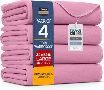 Utopia Bedding Washable Underpads 34" x 36" (Pack of 4), Waterproof Reusable Heavy Absorbency Incontinence Bed Pads for Adults, Kids, Elderly and Pets, Bedwetting Pads for Sofa and Couch (Blue)