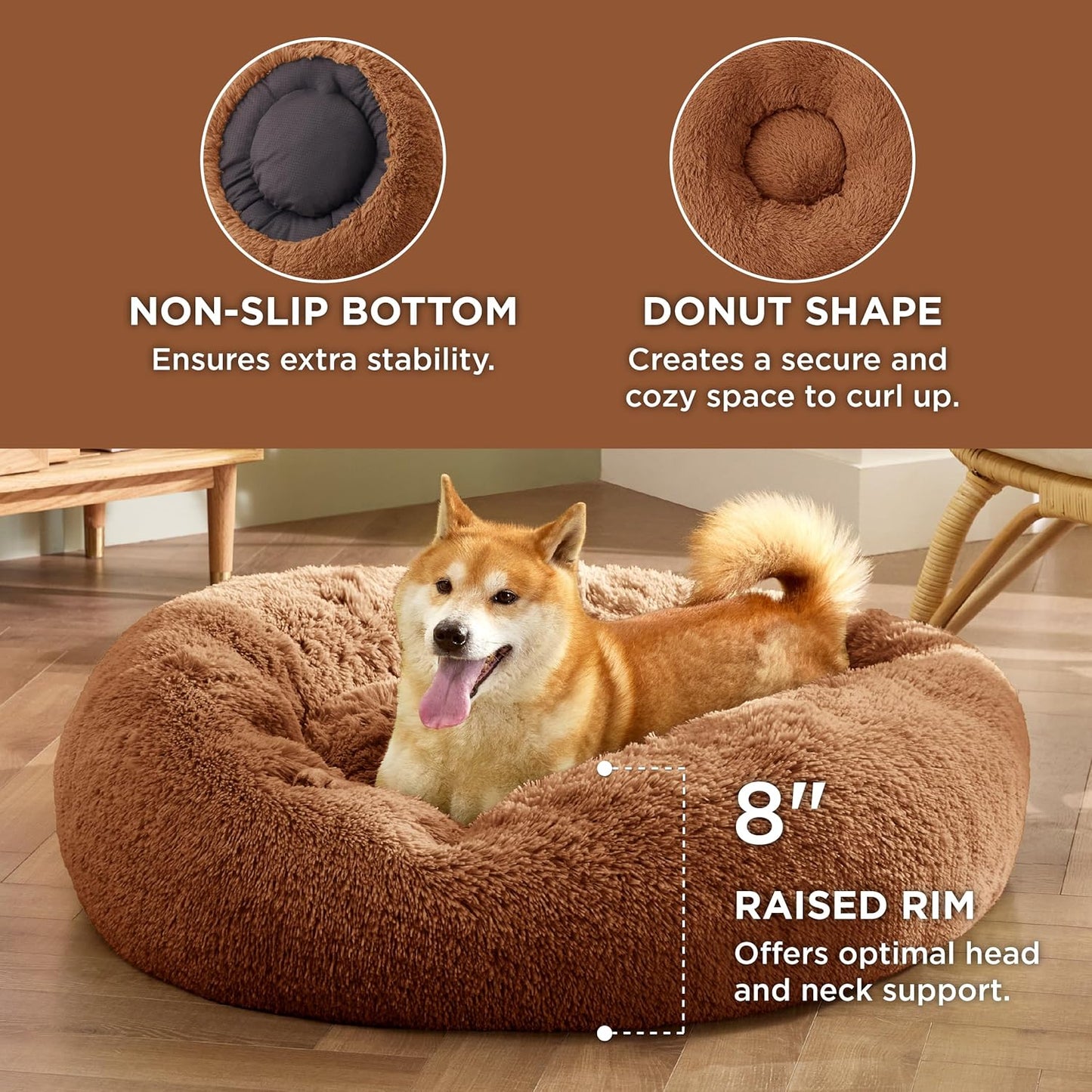 Bedsure Calming Dog Bed Medium Size Dog - Donut Washable Medium Pet Bed, 30 inches Anti-Slip Round Fluffy Plush Faux Fur Cat Bed, Fits up to 45 lbs Pets, Camel