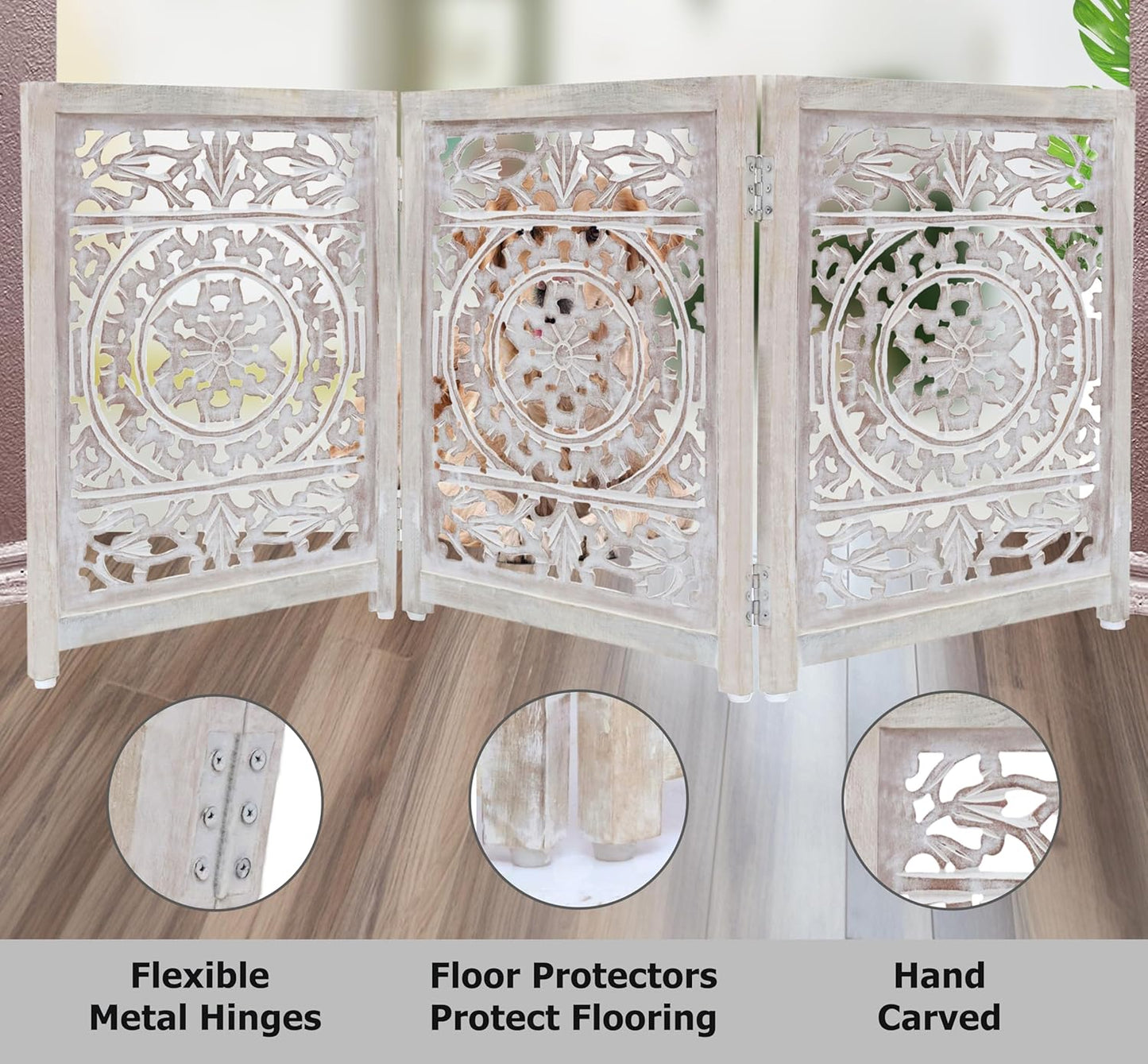 Croft&Cane Wooden Foldable Pet Dog Safety Gate – 3 Panel Freestanding Indoor Pet Fence (20 inches W x 24 inches H) – Hand-Carved Solid Wood & MDF – Fully Assembled - Antique Brown