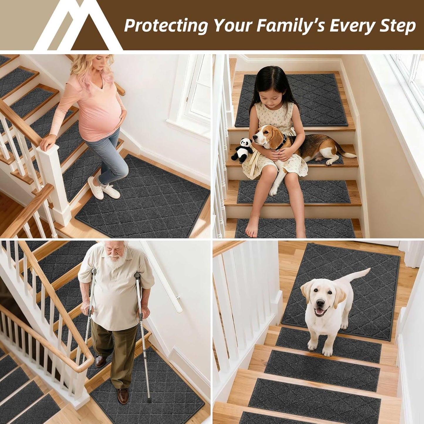 COSY HOMEER Edging Stair Treads Non-Slip Carpet Mat 28inX9in Indoor Stair Runners for Wooden Steps, Edging Stair Rugs for Kids and Dogs, 100% Polyester TPE Backing (7pc, Beige)