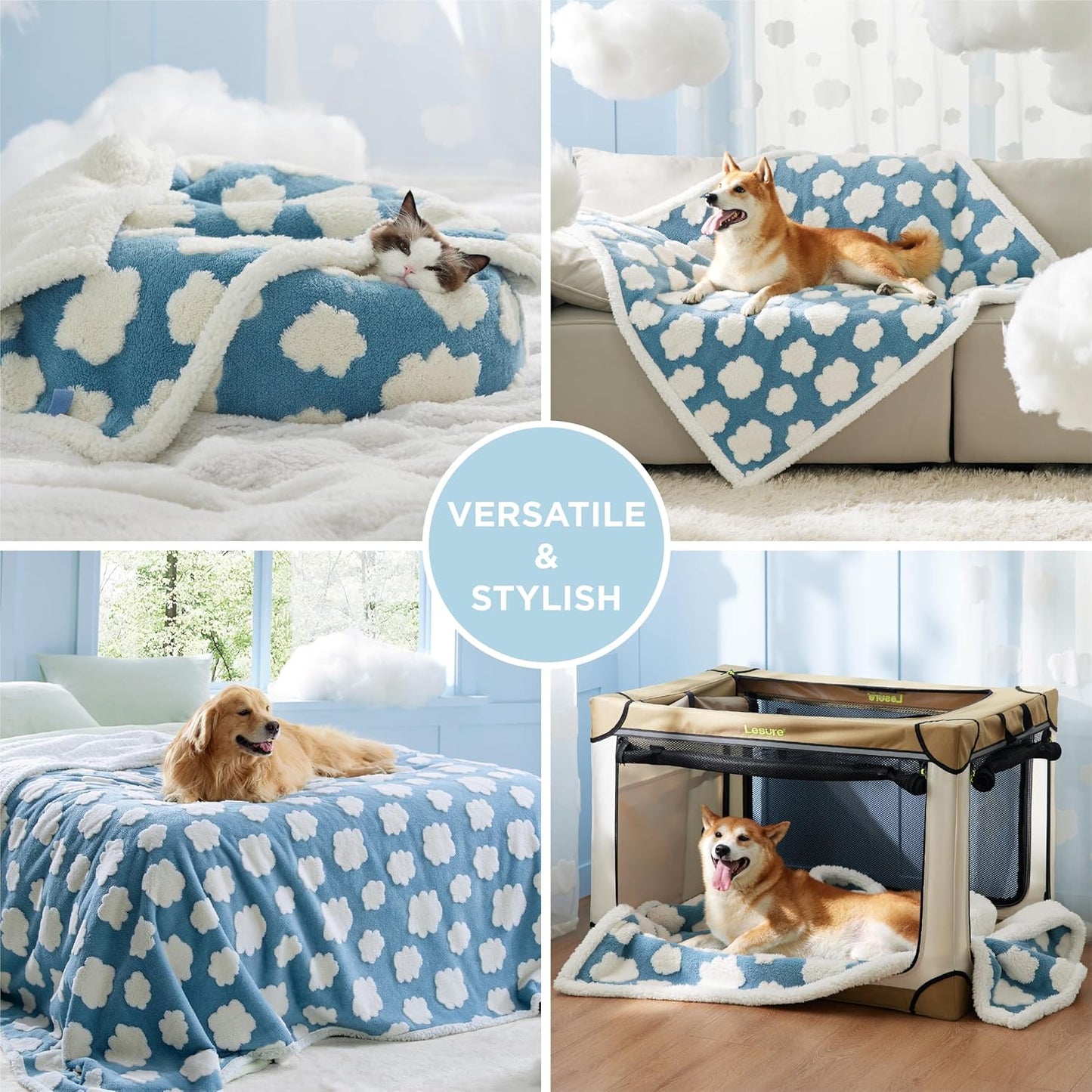 LE SURE Waterproof Dog Blanket for Large Dogs - Washable Double Sided Dog Blankets with Warm Jacquard Shag and Soft Sherpa Fleece, Pet Cat Blanket for Couch Protection, 3D Textured Cloud, Green