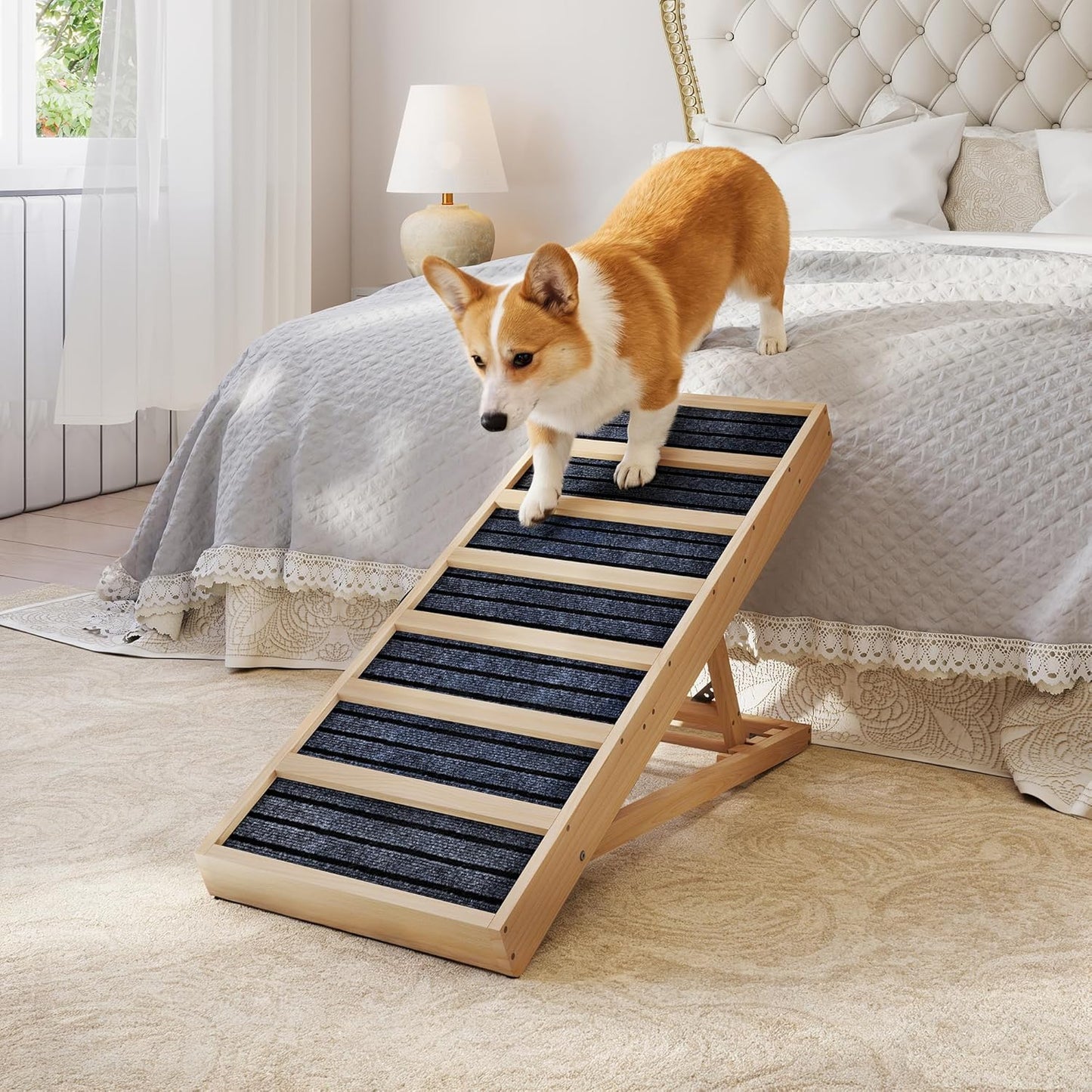 Dog Ramp for Bed,39" Long Adjustable Wooden Pet Ramp for Small Medium Dogs,Non-Slip Surface and High Traction,Metal-Reinforced Folding Ramp for Dogs to get on Bed Couch Car,up to 132lbs