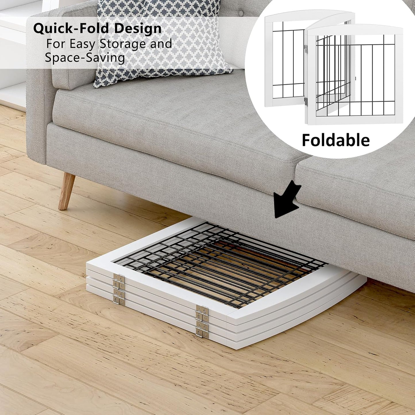 PAWLAND Free Standing Dog Gates for The House Stairs Doorways Indoor Foldable Wooden Small White Puppy Pet Gate Step Over Fence 60" W 24" H 3 Panels