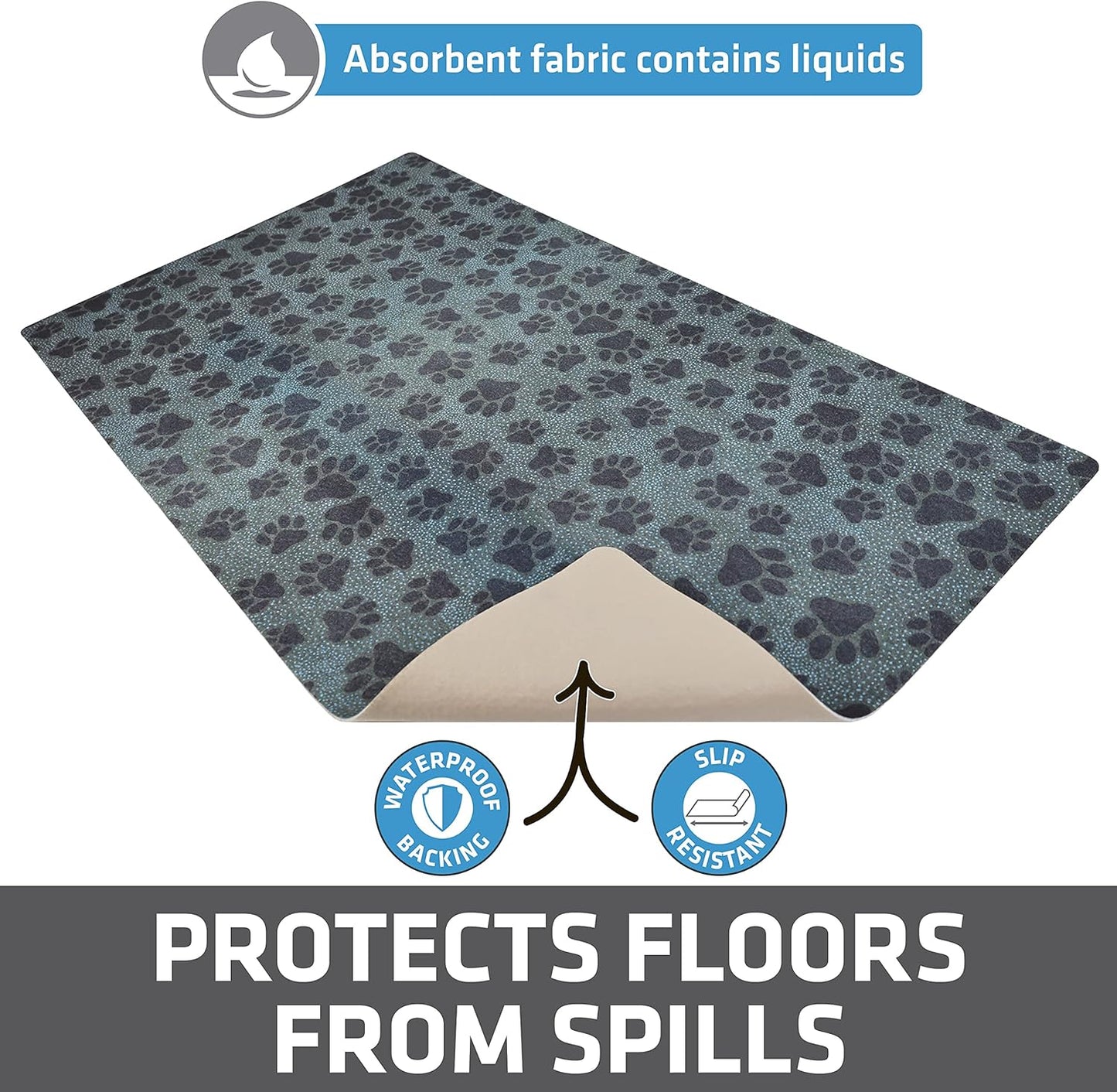 Drymate Pet Bowl Placemat, Dog & Cat Food Feeding Mat - Absorbent Fabric, Waterproof Backing, Slip-Resistant - Machine Washable/Durable (USA Made) (12” x 20”) (Indigo)