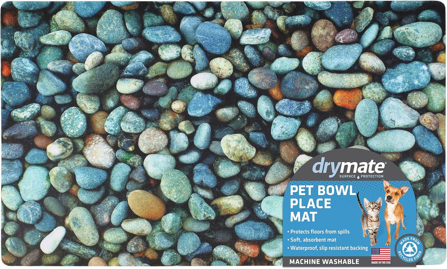 Drymate Pet Bowl Placemat, Dog & Cat Food Feeding Mat - Absorbent Fabric, Waterproof Backing, Slip-Resistant - Machine Washable/Durable (USA Made) (12” x 20”) (Indigo)