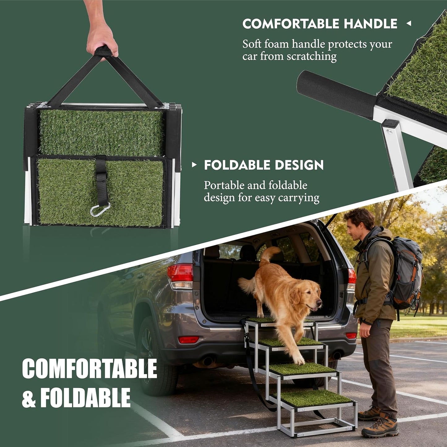 Foldable Dog Stairs for Cars, 4 Steps Wide Dog Ramp for Large Dogs with Non-Slip Surface, Lightweight Aluminum Foldable Steps for High Beds, Cars, SUVs, Trucks, Supports up to 250 lbs