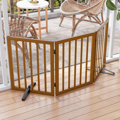 Freestanding Dog Gates Indoor, 3-Panel Pet Gates with 2 Metal Stands and 360° Hinge, 24" H Foldable Dog Gate for Stairs, Doorway, Kitchen, Expands Up to 55" Fully Assembled - Black Walnut