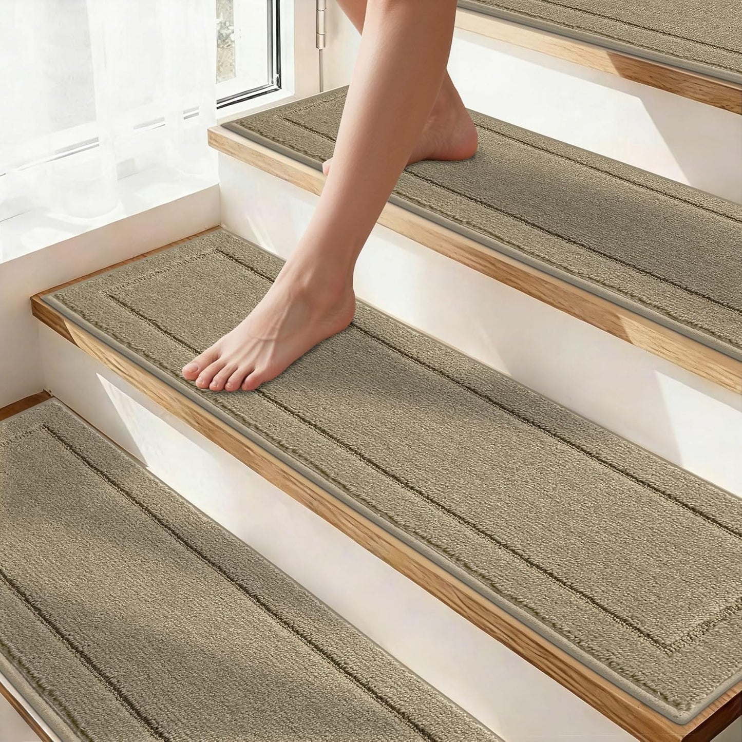 Non-Slip Stair Treads for Wooden Steps Indoor, 15 Pack 8" X 30" Edging Stair Rugs with TPE Backing, Carpet Stair Treads for Kids Elders & Pets, 100% Polyester Soft Stair Runners, Brown