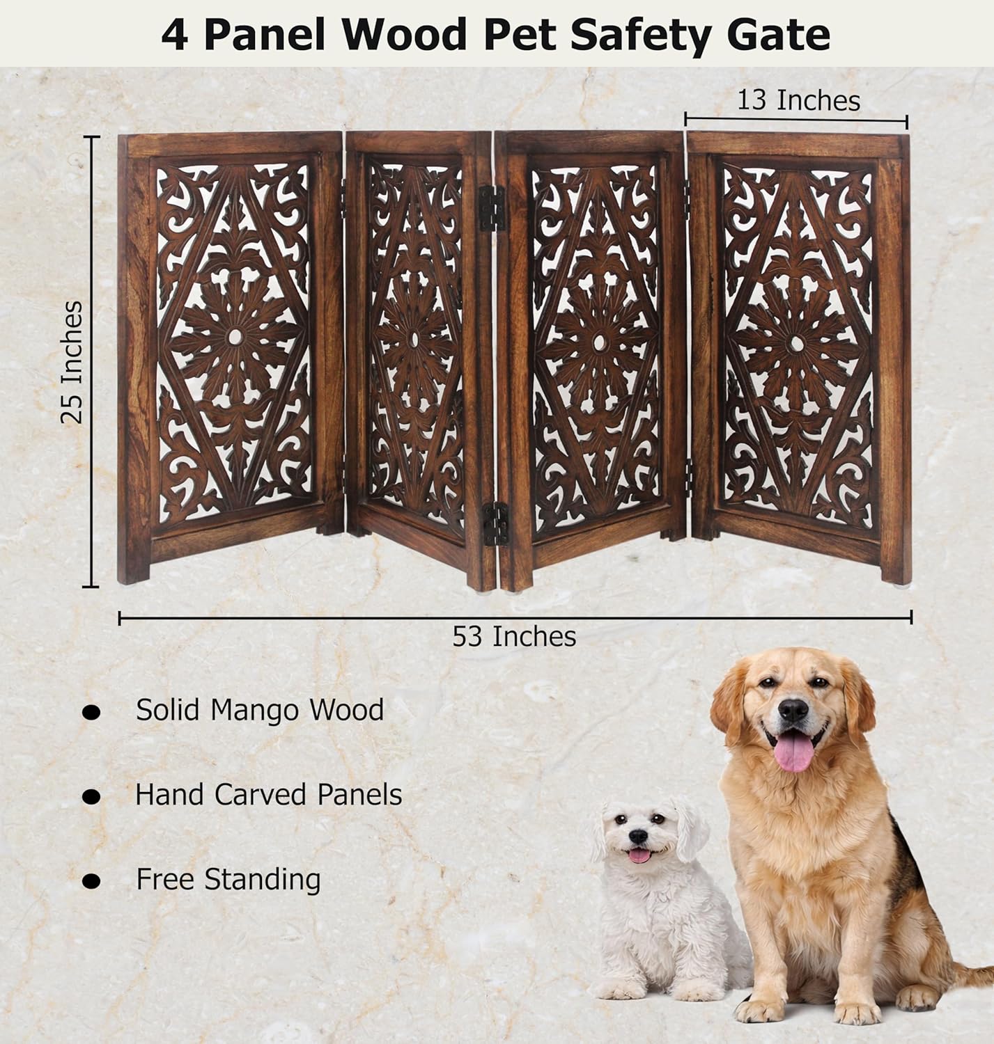 Croft&Cane Wooden Foldable Pet Dog Safety Gate – 3 Panel Freestanding Indoor Pet Fence (20 inches W x 24 inches H) – Hand-Carved Solid Wood & MDF – Fully Assembled - Antique Brown