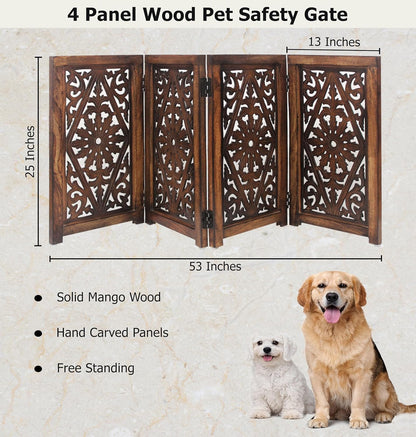 Croft&Cane Wooden Foldable Pet Dog Safety Gate – 3 Panel Freestanding Indoor Pet Fence (20 inches W x 24 inches H) – Hand-Carved Solid Wood & MDF – Fully Assembled - Antique Brown