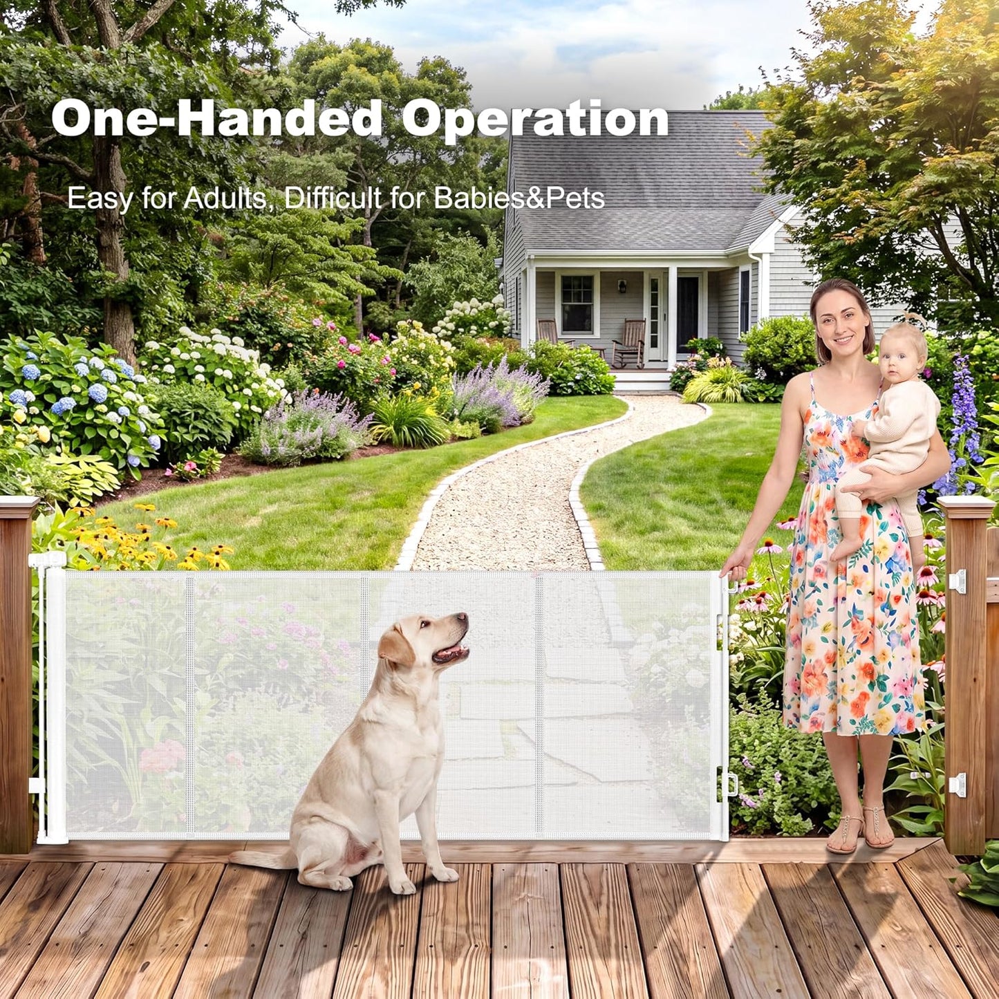 108" Wide Weatherproof Outdoor Retractable Dog Gates Extra Wide with Rust-Proof Stainless Steel Hardware& Waterproof Mesh, Reinforced 9 Ft Extra Long Retractable Baby Gate to Prevent Crawling Through