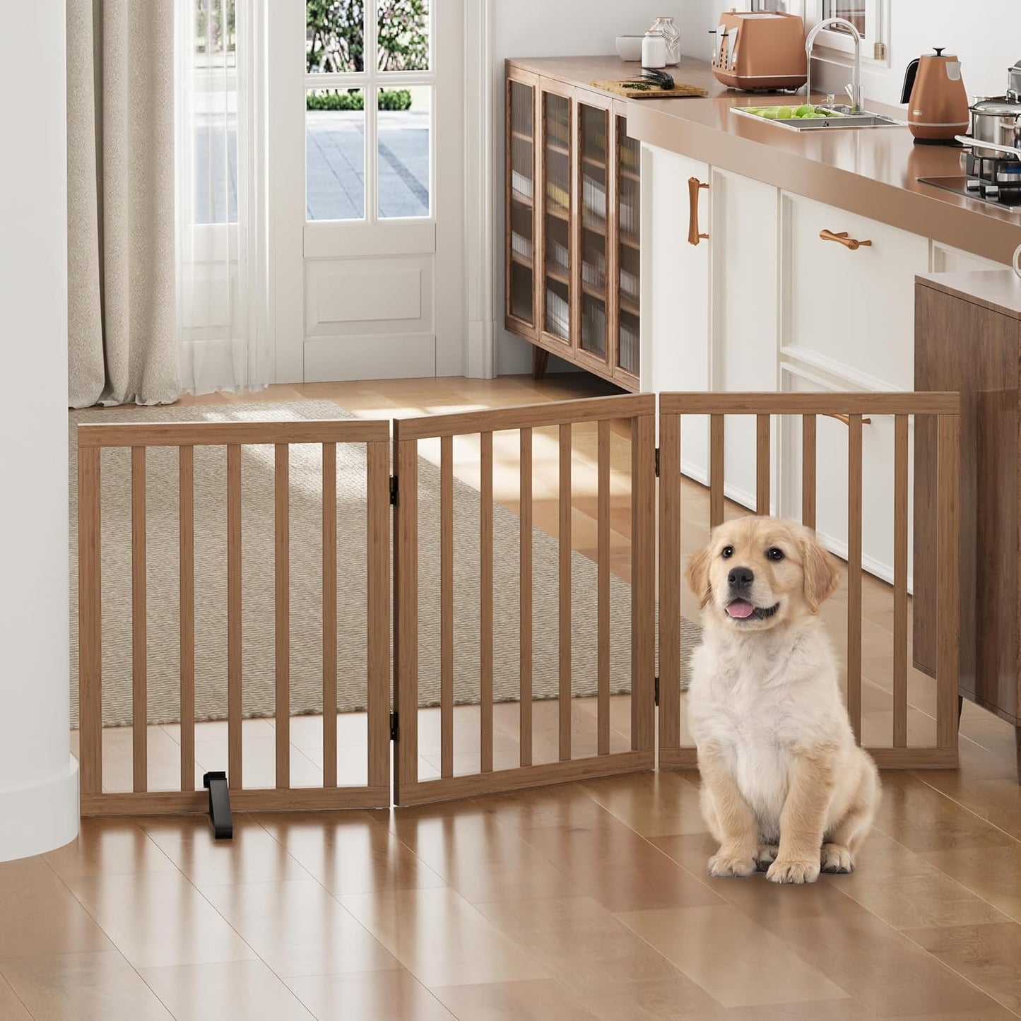 Freestanding Foldable Dog Gate - 4 Panel Room Divider with Metal Support Feet (Black)