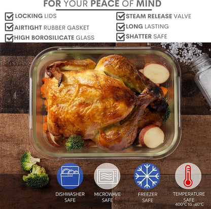 Razab 10 Cups/ 80 Oz 4 Pc (Set of 2) Glass Food Storage Containers with Airtight Locking Lids-For Storing & Serving Food. BPA Free & Leak Proof - Microwave, Dishwasher, Fridge, Freezer and Oven Safe