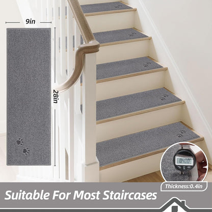 BEQHAUSE Stair Treads for Wooden Steps 28inX9in, Non Slip Carpet Stair Treads Indoor Stair Runners Machine Washable, Soft Stair Rugs Mat Surface Polyester TPE Backing, 4pcs, Charcoal