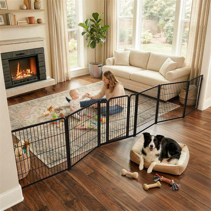 FXW Dog Gate Extra Wide Designed for Indoor Use, Adjustable Width Up to 183-inch Wide (24" H 8 Wire Panels for Puppies and Small Dogs), Black
