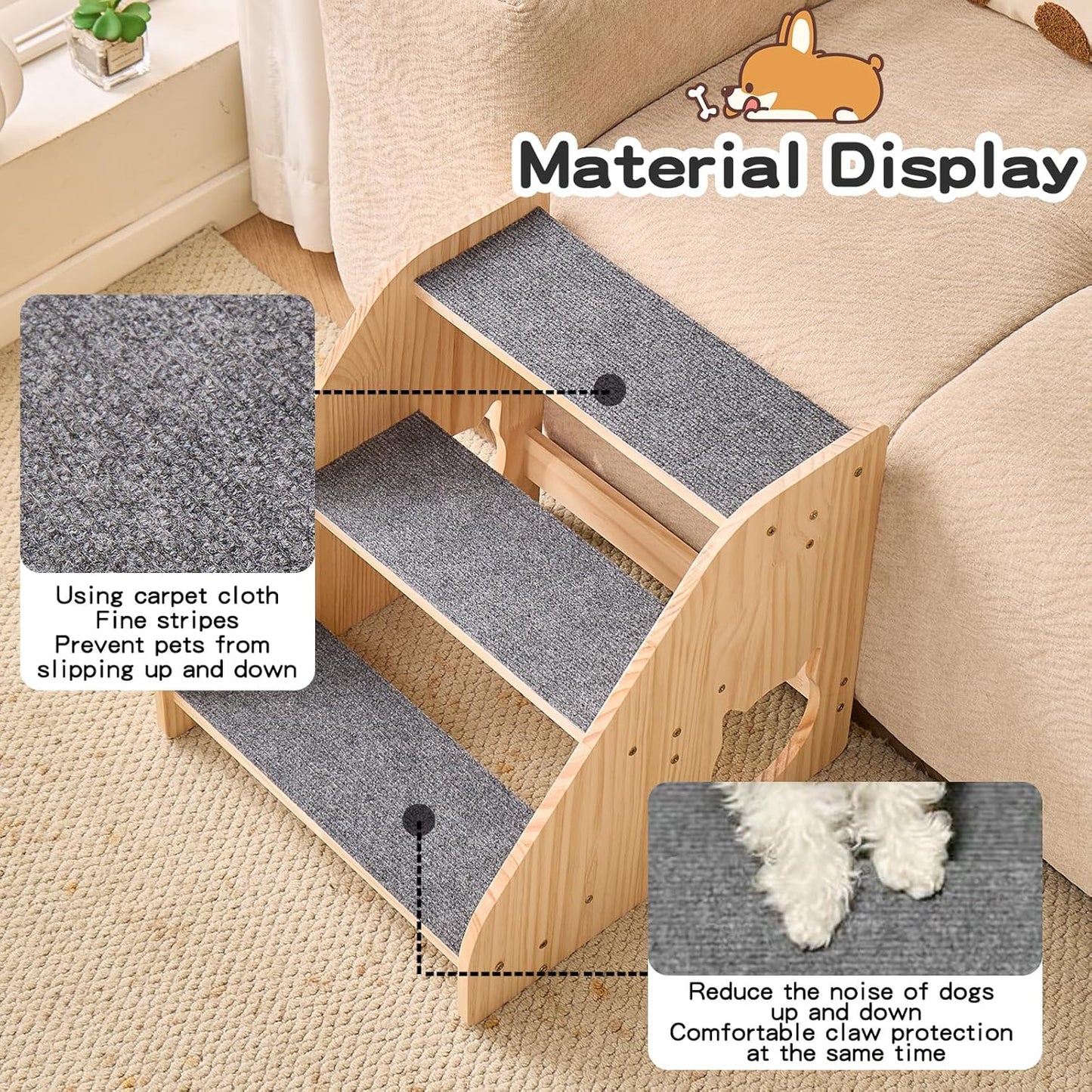 Dog Stairs for Small Medium Large Dogs 14.17" H Load Capacity 150lbs Solid Wood Non-Slip Sturdy Pet Steps for Bed & Couch 3 Step 15.75 * 16.93 * 14.17"