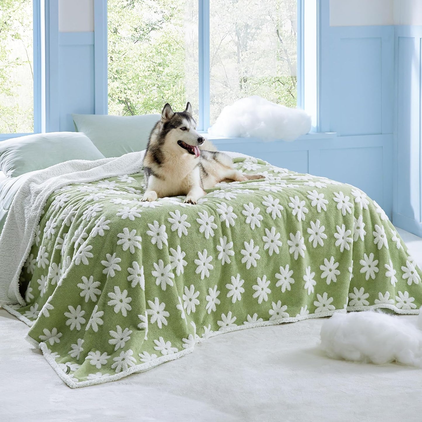 LE SURE Waterproof Dog Blanket for Large Dogs - Washable Double Sided Dog Blankets with Warm Jacquard Shag and Soft Sherpa Fleece, Pet Cat Blanket for Couch Protection, 3D Textured Cloud, Green