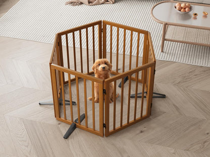 Freestanding Dog Gates Indoor, 3-Panel Pet Gates with 2 Metal Stands and 360° Hinge, 24" H Foldable Dog Gate for Stairs, Doorway, Kitchen, Expands Up to 55" Fully Assembled - Black Walnut