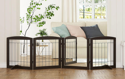 PAWLAND Free Standing Dog Gates for The House Stairs Doorways Indoor Foldable Wooden Small White Puppy Pet Gate Step Over Fence 60" W 24" H 3 Panels