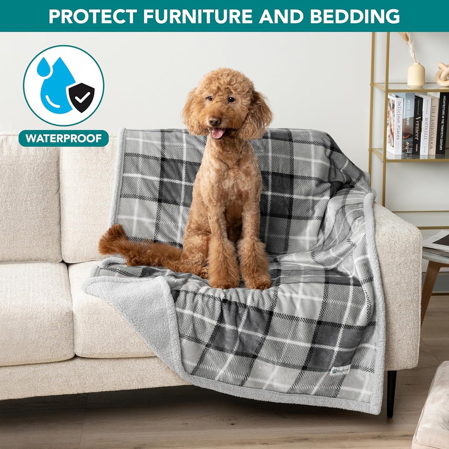 PetAmi Waterproof Dog Blanket for Couch, Large 60x40, Pee Proof Sherpa Fleece Reversible Pet Throw, Furniture Protector for Bed Sofa Kennel, Soft Washable Cover for Medium Dogs Cats, Grey Sherpa