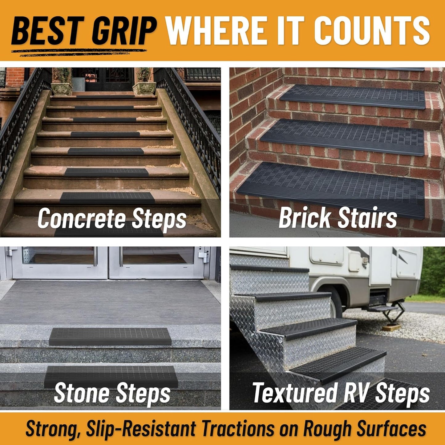 Ottomanson Outdoor Rubber Stair Treads – Ribbed Heavy-Duty Non-Slip Stair Mats – Best Grip on Concrete, Brick & Textured Step – Fastening Recommended for Wooden & RV Steps, Pack of 5