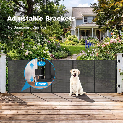 108" Wide Weatherproof Outdoor Retractable Dog Gates Extra Wide with Rust-Proof Stainless Steel Hardware& Waterproof Mesh, Reinforced 9 Ft Extra Long Retractable Baby Gate to Prevent Crawling Through