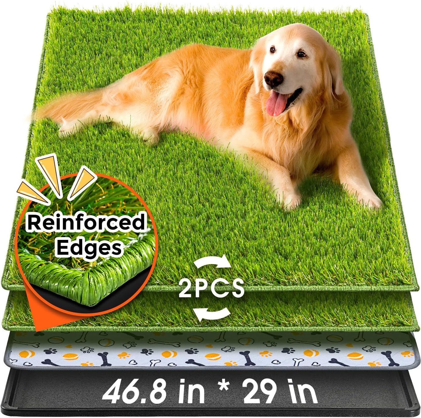 Hompet Dog Grass Pad with Tray Large, 35"x22.5", 2 Reusable Artificial Turf for Dogs Potty, Waterproof Non-Slip Washable Pee Pads, Quickly Absorbency Portable Dog Litter Box for Indoor/Outdoor Use