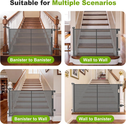 Reinforced Retractable Baby Gate for Stairs & Banister, 55" Wide Mesh Dog Gate, One-Handed Dual Lock Safety Gate for Kids & Pets, Fits Round & Square Posts (Black)