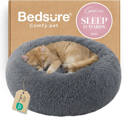 Bedsure Calming Dog Bed Medium Size Dog - Donut Washable Medium Pet Bed, 30 inches Anti-Slip Round Fluffy Plush Faux Fur Cat Bed, Fits up to 45 lbs Pets, Camel