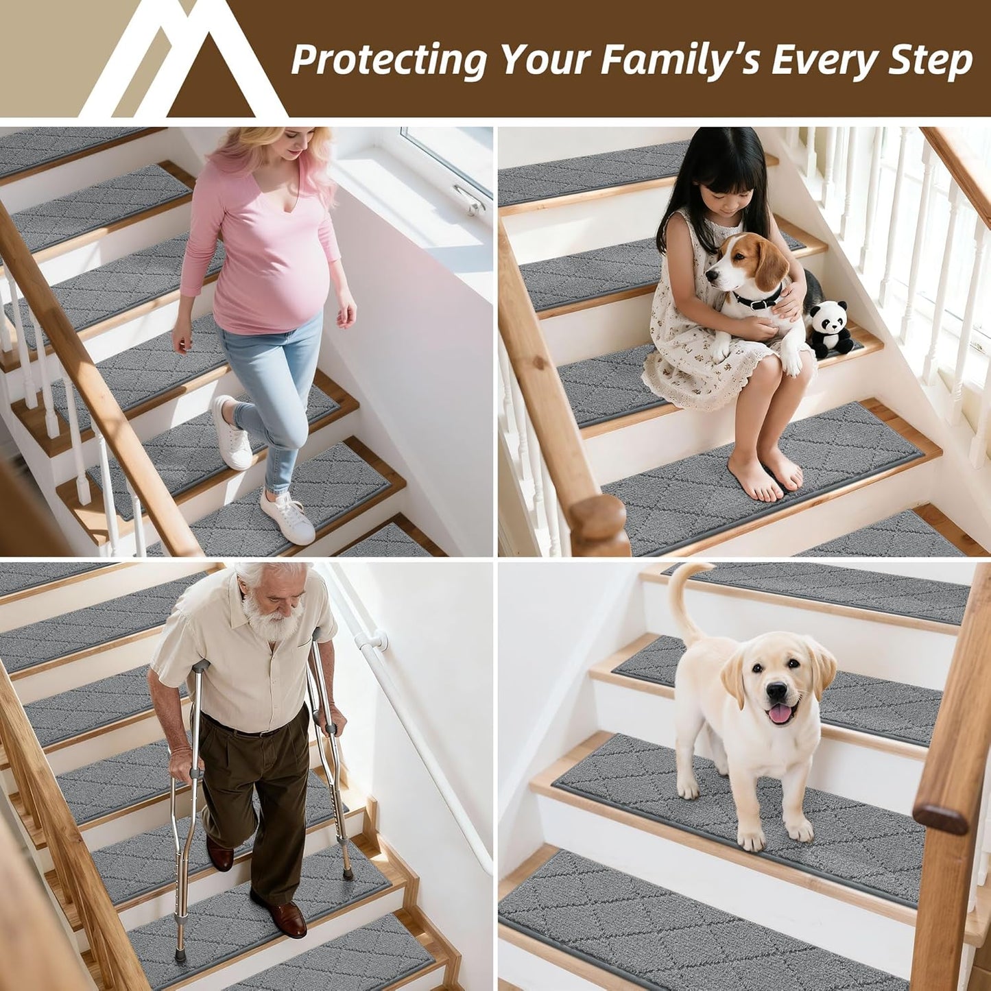 COSY HOMEER Edging Stair Treads Non-Slip Carpet Mat 28inX9in Indoor Stair Runners for Wooden Steps, Edging Stair Rugs for Kids and Dogs, 100% Polyester TPE Backing (7pc, Beige)